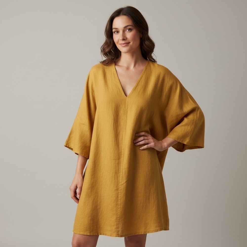 Bryn Walker 100% Linen V-Neck Bell Sleeve Tunic Dress Lagenlook minimalist L
USA